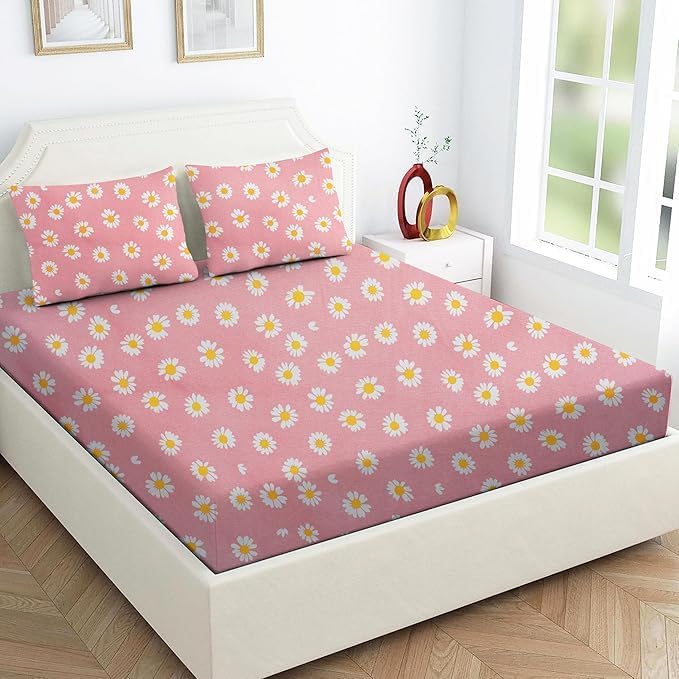 Image of Jashan 300 TC Glace Cotton Super Soft Fabric King Size Fitted Bedsheet for Double Bed, King Size 72 inches X 78 Inches x 10 Inches, with 2 Large Size Pillow Covers - Multi Colours