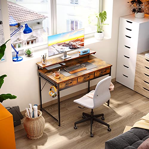 Odk 39 Inch Small Computer Desk With Drawers, Home Office Desk With Adjustable Monitor Stand, Modern Work Study Writing Table Desk, Vintage #TOP1