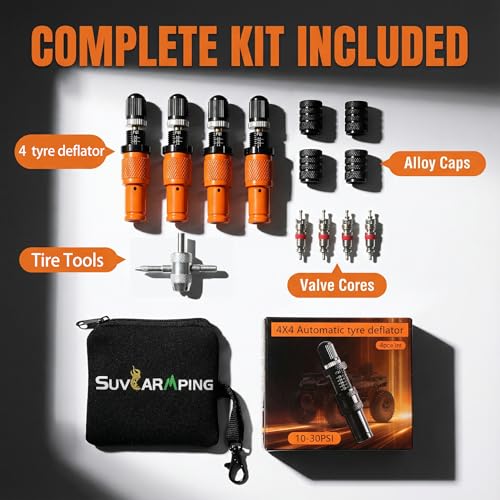 Image of SUVCARMPING Adjustable Auto-Stop Tire Deflator Valve Kit (10-30 PSI) 4 PCS Screw-on Tyre Air Down Tool for Offroad 4x4, Orange