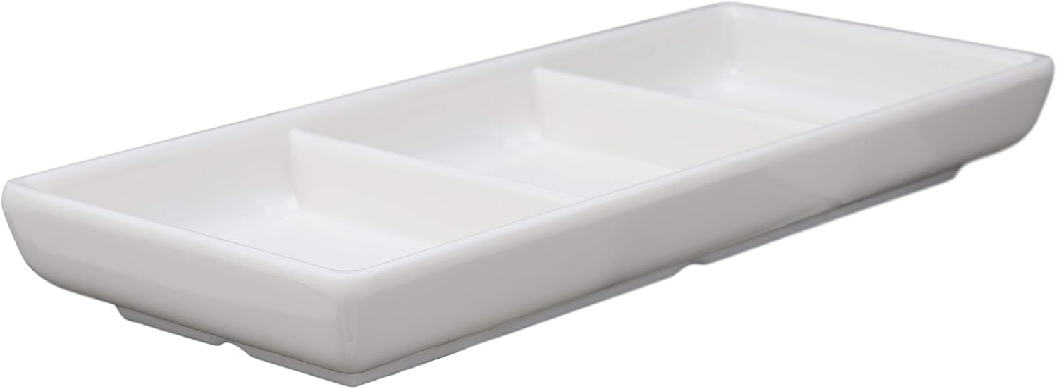 Ebros Jade Melamine Contemporary Design Condiments Oil Ketchup BBQ Soy Sauce Dipping Bowl or Dish With Dividers 3 Partition Compartments Faux Porcelain Look Restaurant Supply Dip Bowls Dishes (White)