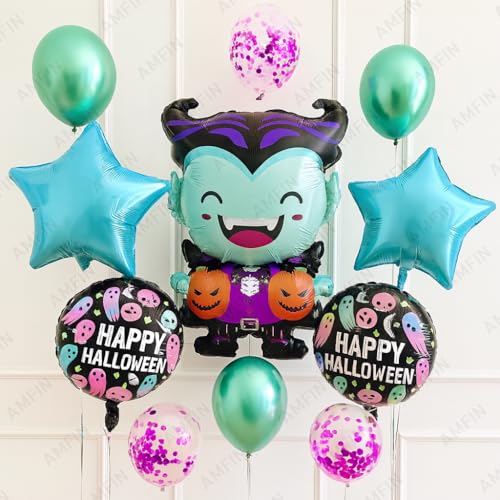 Image of AMFIN (Pack of 11) Halloween Balloon Decoration Set - Cartoon Vampire Foil Balloon, 2 inchHappy Halloween inch Round Balloons, 2 Blue Star Balloons - Spooky Party Supplies for Kids & Adults