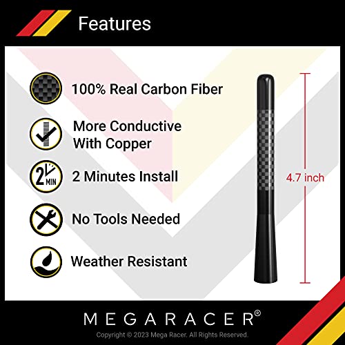Mega Racer 5” Black Carbon Fiber Antenna For Car, Truck, Suv - Am/Fm Radio Reception, 6061 Solid Aluminum, Anti-Theft Design, Car Wash Safe, Universal Antenna Replacement, 1 Piece #TOP1