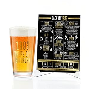 Greenline Goods Happy Birthday Beer Pint Glass (16 oz) & 1993 Birthday Year Facts Board Set with Stand Included – 30th Birthday for Men and Women – Cheers to 30th Years!
