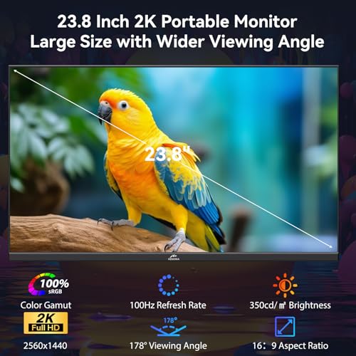Image of Kenowa 23.8 inch 2K Large Portable Monitor 100Hz IPS QHD 2560x1440 Freesync Gaming Monitor External Display with Type-C HDMI Dual Speakers Adjustable Stand for PC Computer,Laptop,Mac,Phone,Game Consoles