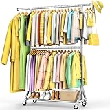 100% Stainless Steel Heavy Duty Clothes Rack Load 860LBS, Rolling Double Rods Clothing Racks for Hanging Clothes, Adjustbale Garment Rack With Sturdy Wheels Shelf, Portable Closet Rack Free Standing