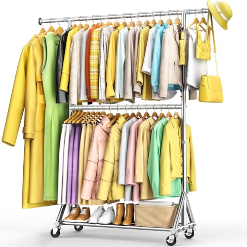 100% Stainless Steel Heavy Duty Clothes Rack Load 860LBS, Rolling Double Rods Clothing Racks for Hanging Clothes, Adjustbale Garment Rack With Sturdy Wheels Shelf, Portable Closet Rack Free Standing