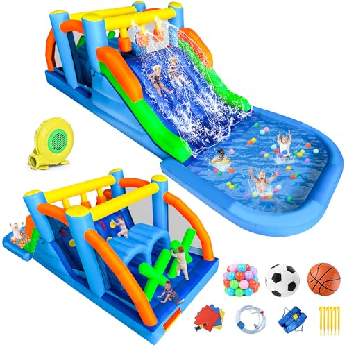RETRO JUMP Bounce House,8 in 1 Inflatable Obstacle Course Bounce House,Inflatable Water Slide,Waterslide Park with Climbing Wall,Large Splash Pool,Obstacles,Sprinkles,Bouncy Castle Water Slide