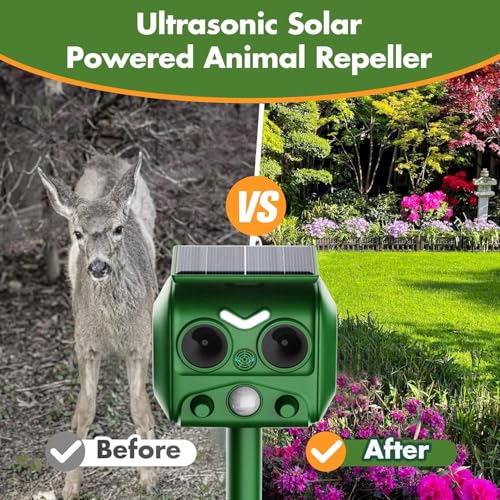 WUGEIN Ultraschall Tiervertreiber Solar,Marderschreck mit LED-Blitz,durch Ultraschall und Alarm gegen Katzen,Tauben,Waschbären,Hunde,Marder,Katzenschreck Solar,Frequenz 13-45kHz Reichweite bis zu 10 m