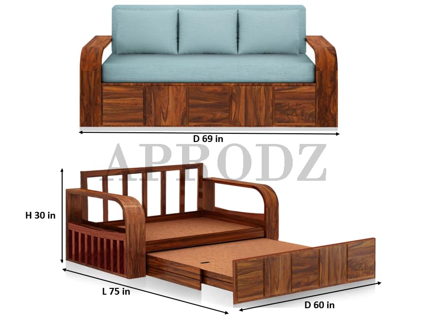 Image of APRODZ Sheesham Wood Sofa Cum Bed, 3 Seater, Honey Finish, Blue Upholstery (75 x69 x30 Inch)