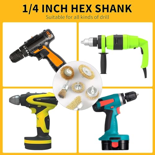 Image of 5 Pcs Wire Wheel Brush Set for Drill,Carbon Steel Wire Cup Wheel Coarse Crimped Abrasive Brass Coated Brushes with 1 /4 Inch Hex Shank for Rust Remova,Corrosion and Scrub Surfaces