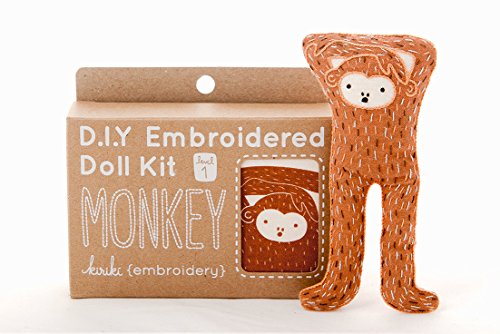 Image of Kiriki Press DIY Embroidery Doll Kit - Skill Level 1 - Beginner to Advanced Embroidery Kits for Adults Teens (3 Skill Levels) Animal Embroidery Kit - Screen Printed Pattern (Monkey - Level 1)