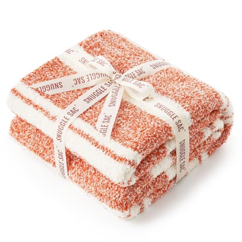 Image of Snuggle Sac Orange Bedding Blanket Ultra Soft Microfiber, Warm Cozy Knit Blankets for Sofa, Bed, Living Room, Stripe Orange, 60x80 inches