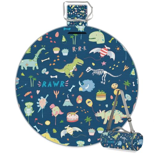 Shimoshe Animal Dinosau Picnic Outdoor Blanket Foldable Waterproof Sandproof Beach Blanket Portable Water-Resistant Round Picnic Mat for Travel Camping Park Lawn