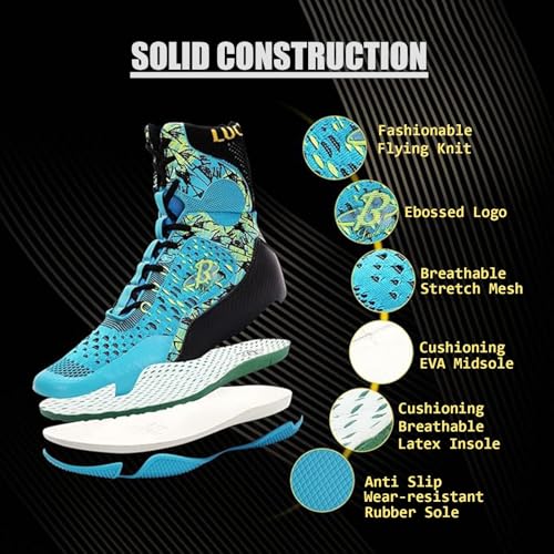 Image of Professional High-Top Boxing Shoes for Men & Women - Lightweight Wrestling Boots with Rubber Grip Sole - Breathable Microfiber & Mesh Training Shoes for MMA, Gym & Lifting (Grey, White, Blue)