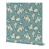 Removable Wallpaper Swatch - Southwest Dusky Blue Boots Cactus Ranch Rodeo Cowboy Hat Moon Custom Pre-Pasted Wallpaper by Spoonflower