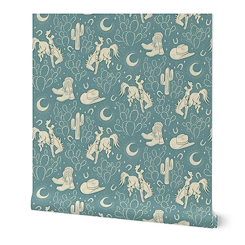 Removable Wallpaper Swatch - Southwest Dusky Blue Boots Cactus Ranch Rodeo Cowboy Hat Moon Custom Pre-Pasted Wallpaper by Spoonflower