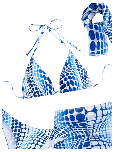 Image of RoseSeek Women's 4 Piece Polka Dots Bathing Suits Cover Up Skirt & Bandana