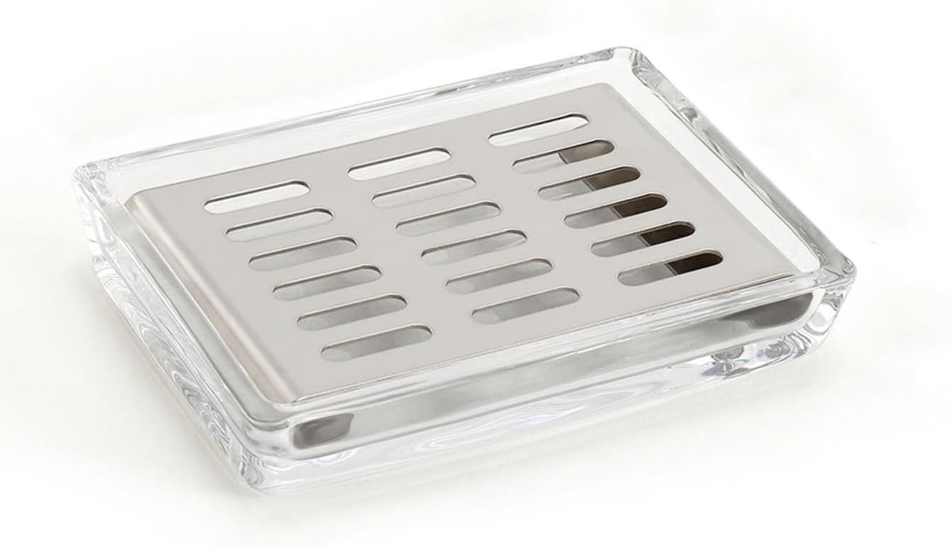Clear Glass Soap Dish with SUS304 Stainless Steel Tray Rectangular Soap Holder for Bathroom Counter, Shower, Kitchen