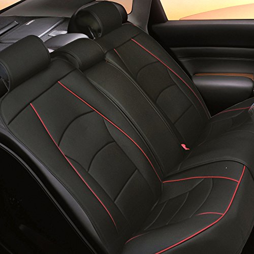 Image of FH Group Back Seat Faux Leather Car Seat Cover - Universal Fit, Rear Seat Covers for Cars with Rear Split Bench, Car Seat Cushions for SUV, Sedan, Van, Black Red Trim