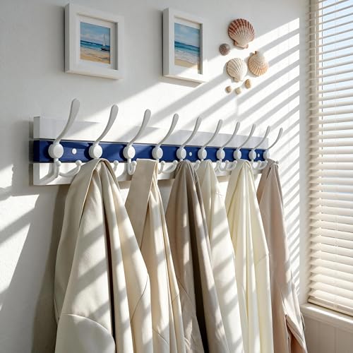 Image of SKOLOO Coastal Coat Rack Wall Mount-38-1 /8 Beach House Entryway Wooden Coat Hook with 10 Hooks for Hanging Coats, Hats or Towels, Oceanfront Cottage Core Collection, White & Blue, Pack of 2