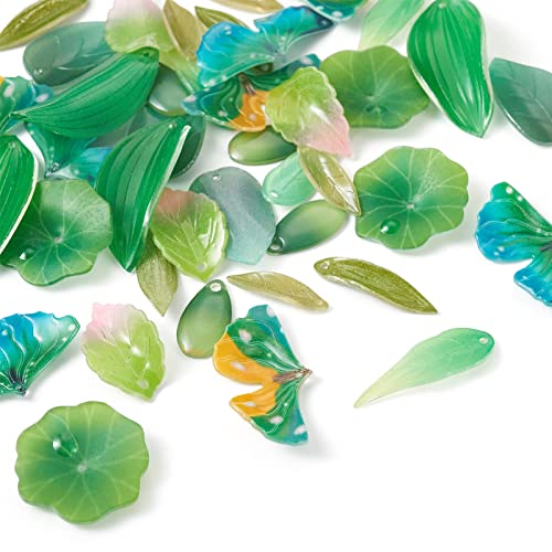 Craftdady 40Pcs Plastic Green Leaf Beads Charms 10 Styles Plant Leaf Petal Bead Resin Opaque Ginkgo Leaves Pendants or DIY Summer Crafts Jewelry Making