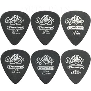 12 x Dunlop Modèle Tortex Pitch Black guitare Standard Lot de 6 médiators 2 de chaque taille dans un boîte de rangement… - Les Beatles, Paul McCartney, John Lennon, RIngo Starr, George Harrison
