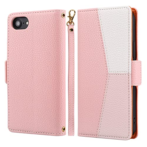 Étui portefeuille pour iPhone SE 2022 et 8 en cuir rose épissure