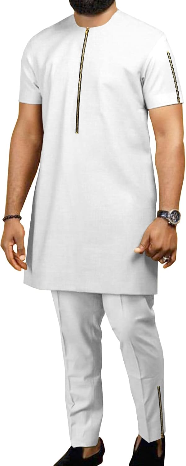 African Suit for Men Big and Tall Dashiki Short Sleeve Tops Blouse+ Ankara Pants Tracksuit Pockets Formal Attire