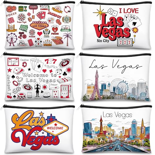 Reginary 6 Pcs City Cosmetic Bag Souvenir Gifts New York Zipper Pouch Chicago Souvenir Seattle Boston Nashville London Paris Italy Gifts Memento for Women Traveler(Las Vegas)