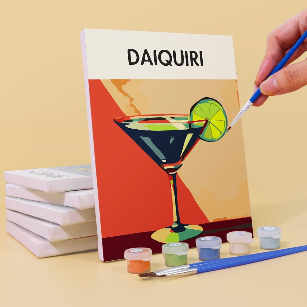 Summer Drinks - Kit multiplo con numeri, pronto da dipingere, per adulti, facile da livellare, design retrò moderno, cocktail colorati, 6 tele di lino, 36 colori