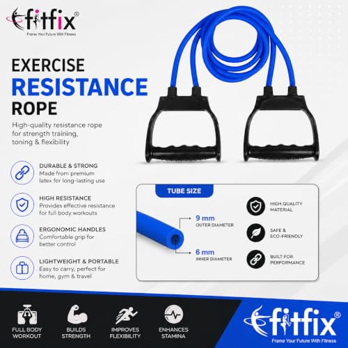 Image of Fitfix Resistance Tube Heavy Quality Exercise Band for Stretching, Full Body Workout, Home Gym and Toning for Men and Women (Double Tube -Light) 10 kg Blue Colour 22 lbs Strength
