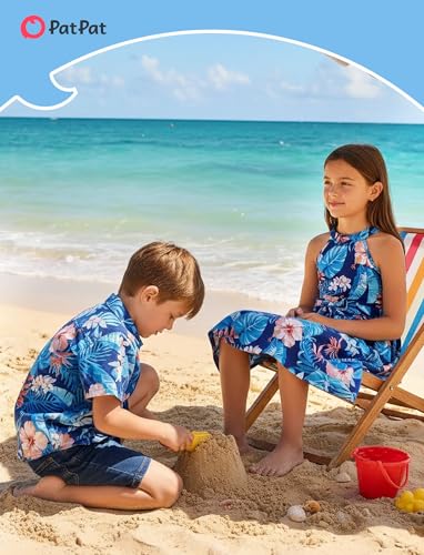 Image of PATPAT Family Hawaiian Matching Outfits - Mommy and Me Vacation Outfits | Halter Sundresses and Button Down Shirts,Caribbean Vacation Summer Tropical Outfits,Hawaiian Boho Tropical Floral Printed