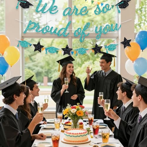 Image of We Are So Proud Of You Banner Graduation Party Decorations Glitter Congratulations Class Grad Ideas Teal