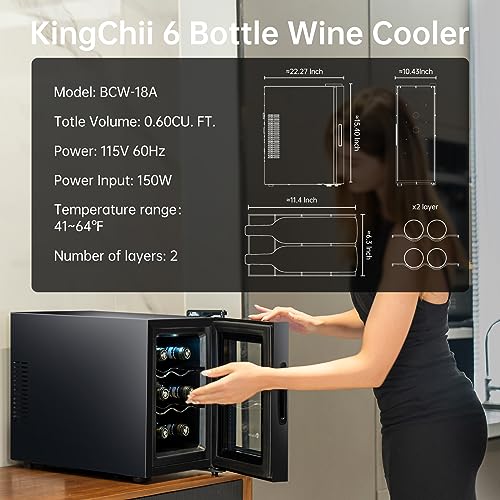 kingchii 6 bottle thermoelectric wine cooler refrigerator advanced cooling technology stainless steel amp tempered glass for red wine champagne for home kitchen or office