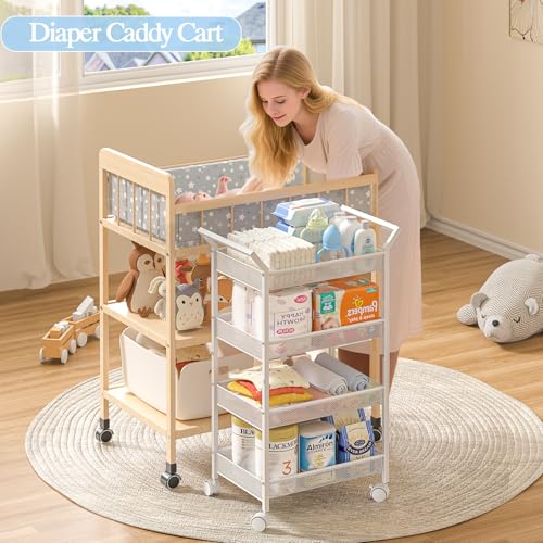 Image of 3IngSeagulls Baby Diaper Caddy Cart, 4-Tier Diaper Caddy Organizer and Storage, Rolling Utility Cart for Baby Supplies, Diaper Cart with Wheels for Bedroom, Nursery, Changing Table, White