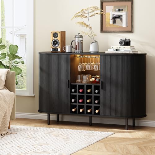 Image of ONBRILL 55 inch Wine Bar Cabinet with LED Light,Modern Liquor Whiskey Coffee Station with Wine Rack and Glass Holder, Farmhouse Buffet Sideboard with Storage for Living Room, Kitchen, Entryway (Black)