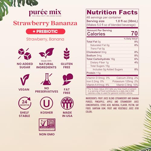 Image of Smartfruit Strawberry Bananza + Oat Fiber - 100% Real Fruit Puree with Strawberries & Banana - Great for Smoothies, Juice, Yogurt, Cocktails, Teas & More - High in Vitamin C - 2-Pk, 48oz Each