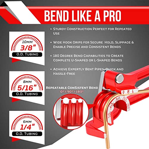 Flexzion Tube Bender Tool - Manual OD Tubing Bending 3 Size 1/4" 5/16" 3/8" 180 Degree Lever Type Heavy Duty Bend Copper Brass Aluminum & Soft Metal for HVAC Water Gas Pipe Automotive Plumbing (Red) - Image 8