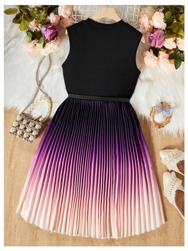 SweatyRocks Girl's Ombre Pleated Sleeveless Dress Cut Out A Line Crewneck Dresses with Belt2