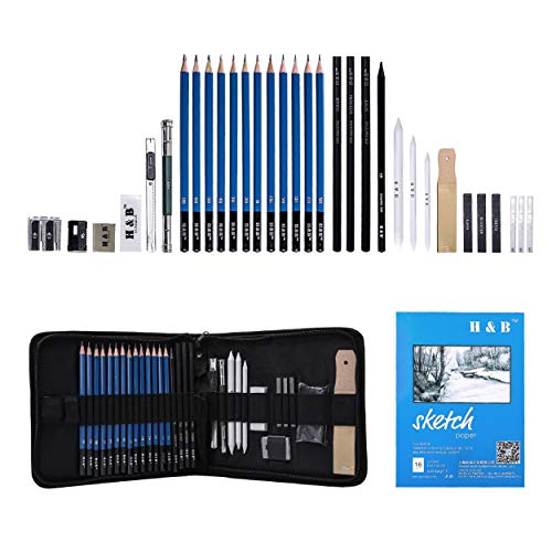 H & B Sketching Pencils Set, 33-Piece Drawing Pencils and Sketch Kit, Complete