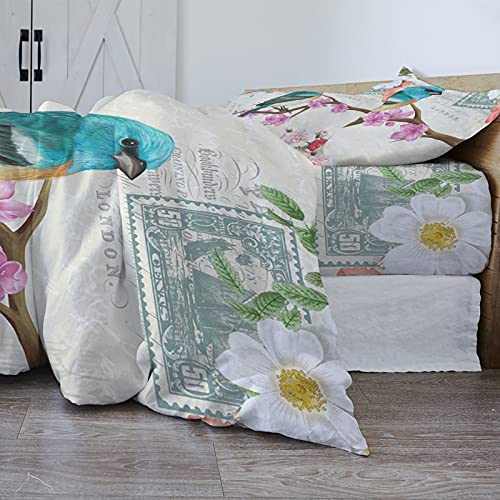 Seven Roses Set Of 4 Bedding Quilt Covers, Blue Bird Peach Floral Tree Branches 4-Piece Bed Sheet Set With Extra Soft Bed Sheets Quilt Cover Pillowcase, Retro Letter Postage Stamp Full #TOP3