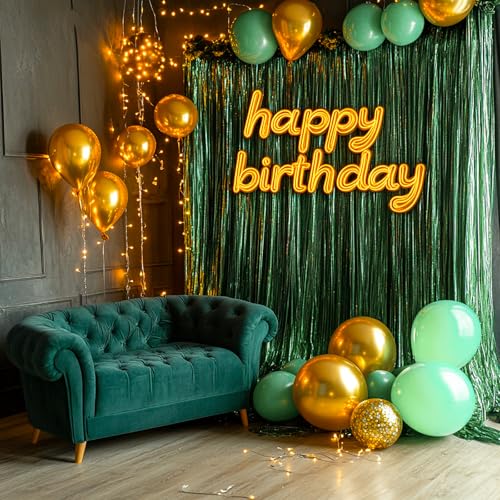 Image of PartyWoo Green Streamers Backdrop 2pcs 3.3x6.6 ft Green Tinsel Foil Fringe Streamer Curtains Photo Backdrop for Graduation Birthday Wedding Dinosaur Jungle Golf Football Theme Party Decorations