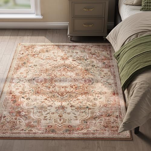 SONGMICS HOME Vintage Teppich, 120 x 170 cm, Wohnzimmerteppich, Schlafzimmerteppich, Waschbarerteppich, Rutschfester Teppich, für Küche, Flur, Esszimmer, cappuccinobeige TAR032K01