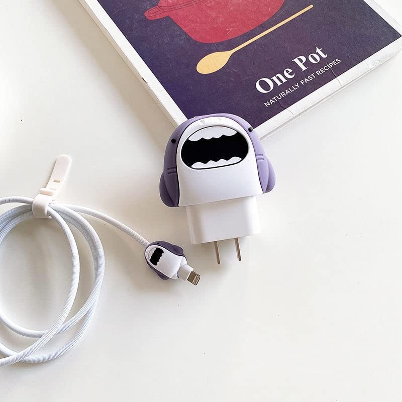 Image of Meyaar Silicone Protective Case for Apple 20W & 18W iPhone USB-C Power Adapter Charger and for USB Lightning Cable, 3D Cartoon Case for iPhone Charger 18W /20W Only (Shark (Grey))