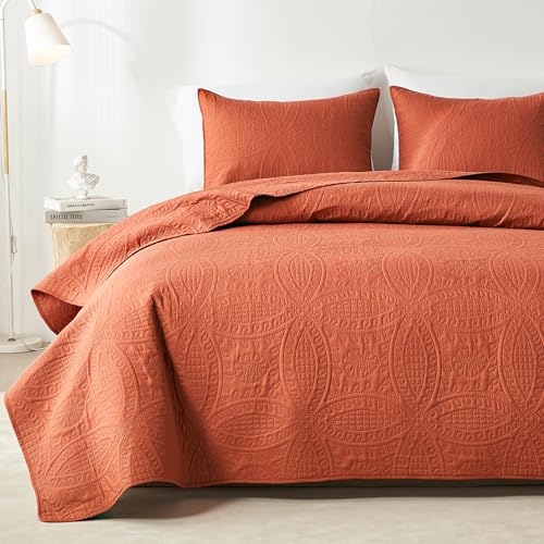 akkialla Queen Quilt Bedding Set,Burnt Orange Ultrasonic Full/Queen Quilt Set,Lightweight