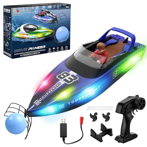 Snorthy Barco Teledirigido Barco RC con Bola Flotante y luz LED 15 KM/H Barcos de Control Remoto 2,4 GHz Barcos De Carreras Rápido para Niños Juguete de Piscina Embarcación Eléctrico para Mares Lagos