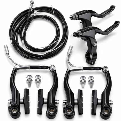 Image of Universal Bicycle V-Brake Set Front & Rear - Alloy Rim Brake Kit with Levers, Cables & Pads | Complete Mechanical Cycle Brake Replacement for MTB, Road & Hybrid Bikes (Black)