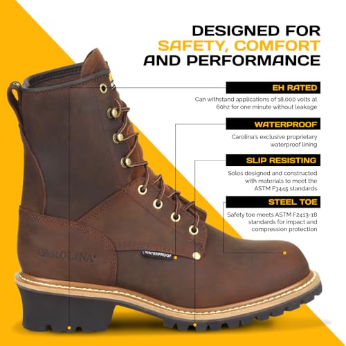 Image of Carolina 8 inch Steel Toe Logger Boots for Men, Waterproof Design, EH-Rated | Waterproof, Steel Toe Protection, Slip-Resistant Lug Outsole, Memory Foam Comfort, Lineman & Arborist Work Boots, EH Rated