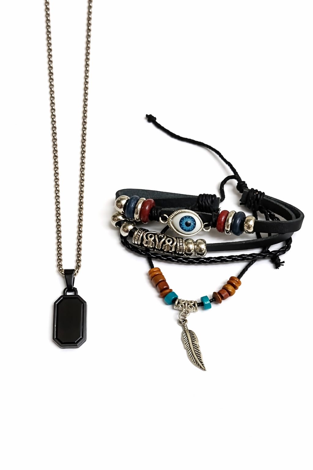 Men Necklace and Bracelet Combo Set | Black Pendant Chain with Stylish Beaded Leather Bracelet | Trendy Fashion Jewellery Gift Set for Boys and Men