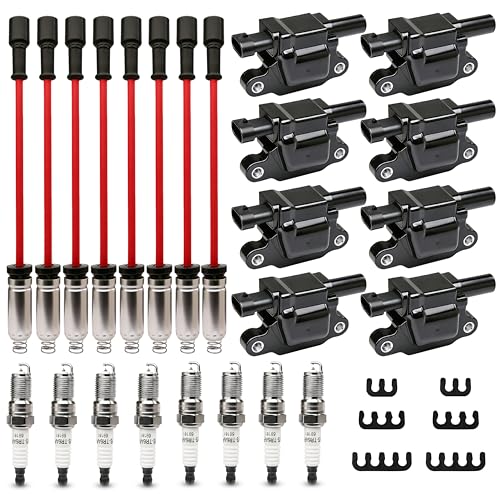 8-Pack Square Ignition Coils Double Iridium Spark Plugs and Wires Kit - Fits Chevy Silverado Suburban Tahoe GMC Sierra Yukon Cadillac Escalade V8 4.8L 5.3L 6.0L 6.2L - UF413 12570616 Replacement